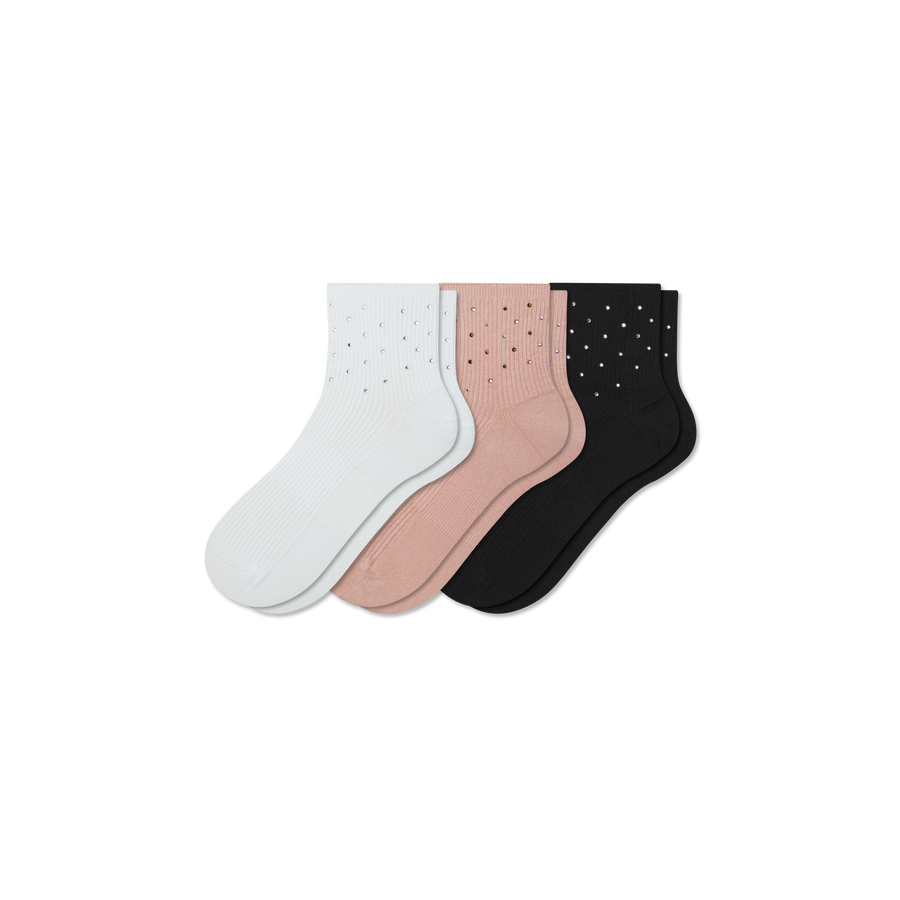 Women’s Rhinestone Rib Quarter Sock 3-Pack - Smooth Lounge Step