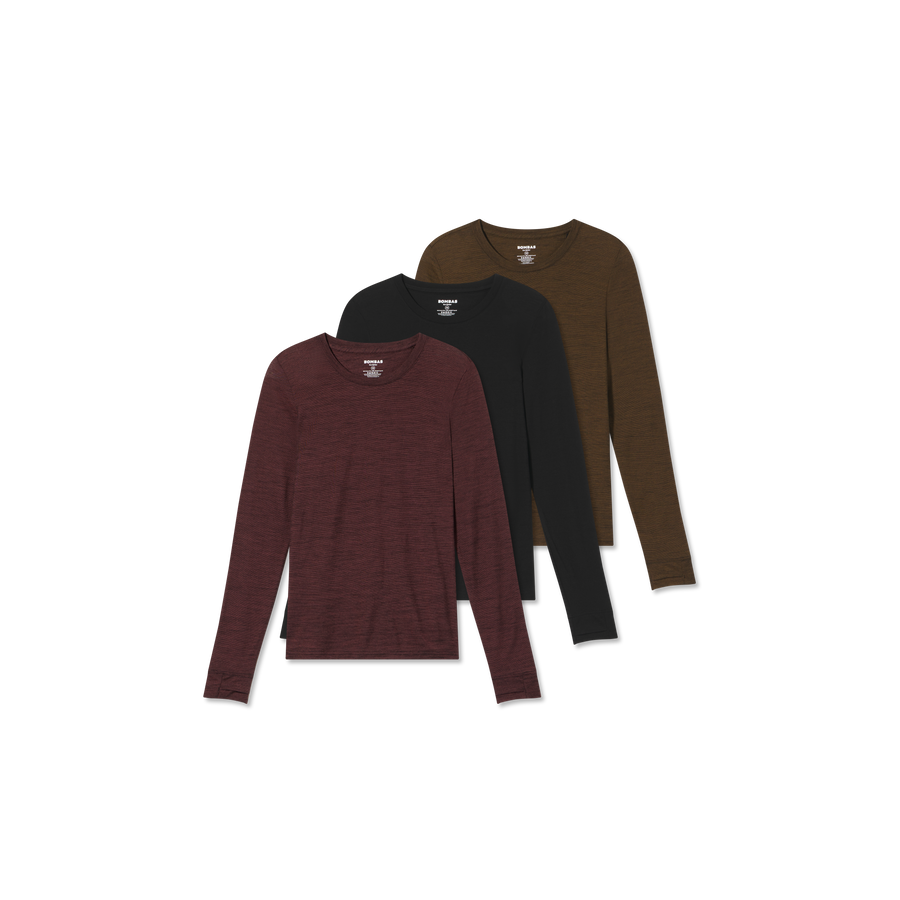 Women's Merino Wool Blend Crew Neck Long Sleeve T-Shirt 3-Pack - Dynamic Recovery Control