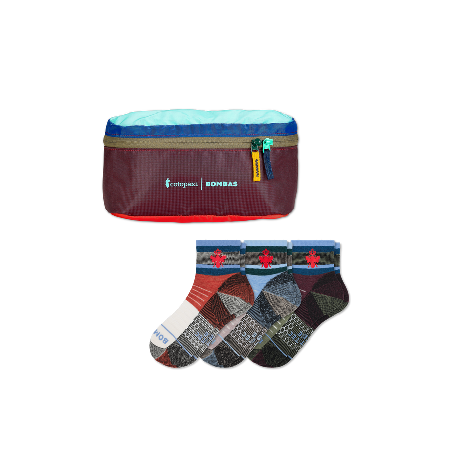 Cotopaxi x Bombas Merino Wool Blend Hiking Quarter Sock 3-Pack & Fanny Pack - Utility Weekend Setup